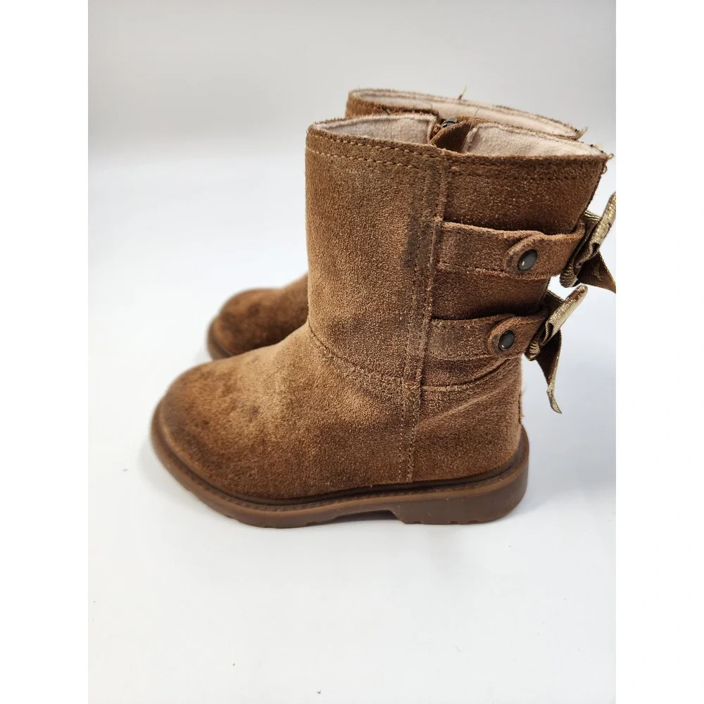 UGG Kids Suede Boots Chestnut Brown Double Gold Star Bows Side Zip Boots